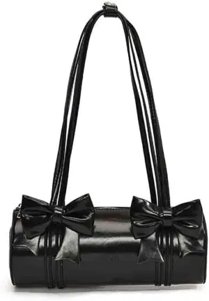 Women's Sweet Bow Knot Cylinder Bag PU Leather Bow Decor Glossy Shoulder Purse Top Handle Tote Underarm Clutch For Ladies