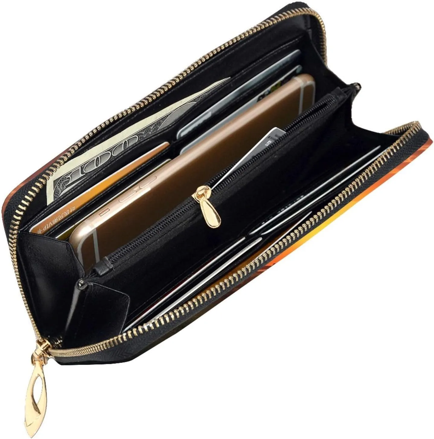 Womens Wallet Leather Slim Wallet Long Card Holder Case Zip Clutch Sunset Windmill Travel Purse