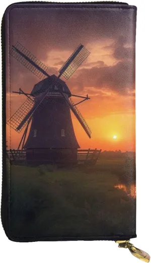 Womens Wallet Leather Slim Wallet Long Card Holder Case Zip Clutch Sunset Windmill Travel Purse