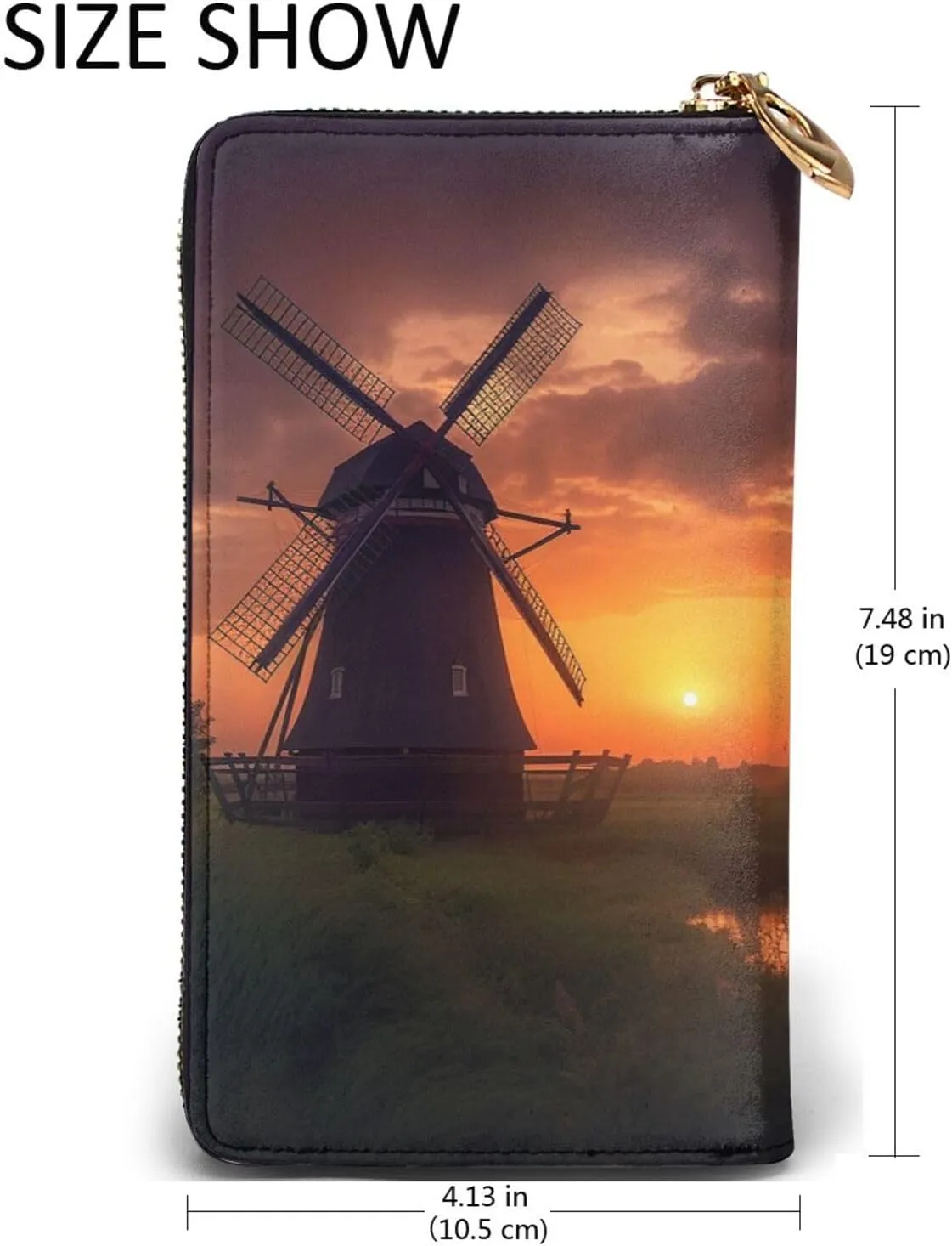 Womens Wallet Leather Slim Wallet Long Card Holder Case Zip Clutch Sunset Windmill Travel Purse
