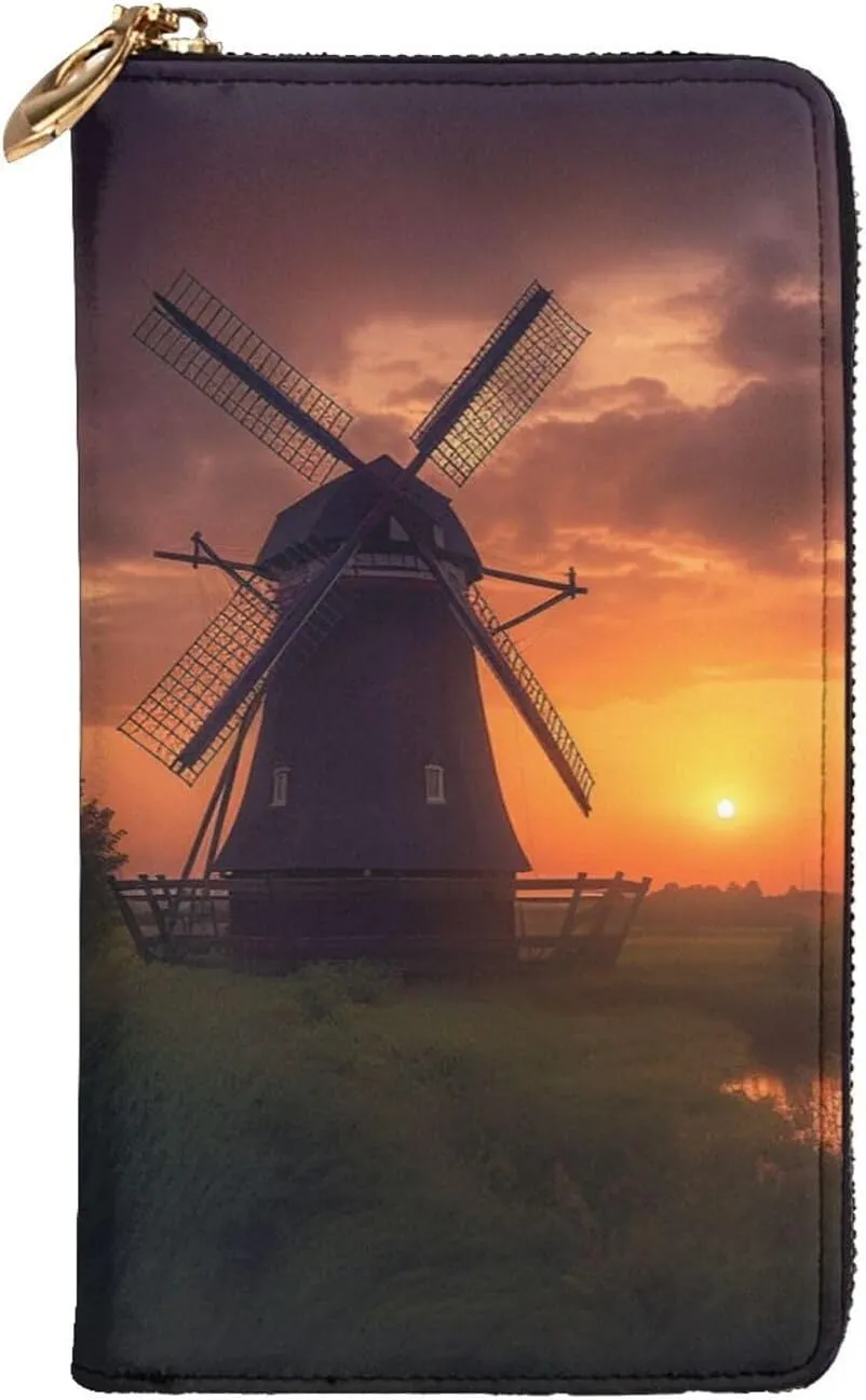 Womens Wallet Leather Slim Wallet Long Card Holder Case Zip Clutch Sunset Windmill Travel Purse