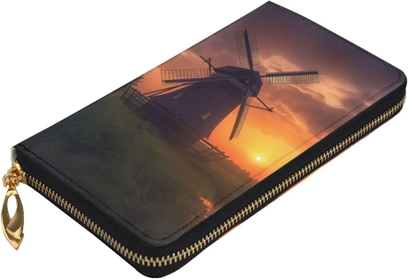 Womens Wallet Leather Slim Wallet Long Card Holder Case Zip Clutch Sunset Windmill Travel Purse