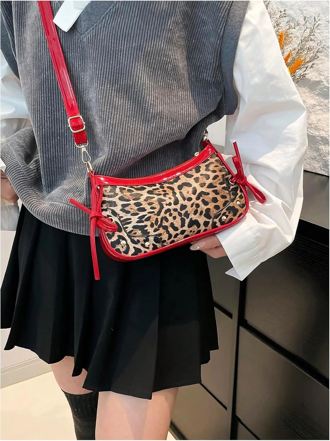 Women's Y2K Leopard Bowknot Crossbody Bags Studded Zipper Adjustable Strap Shoulder Handbags Purse