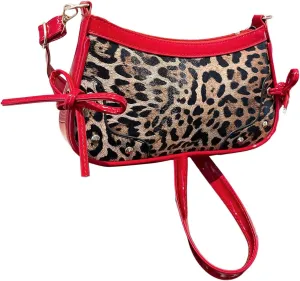 Women's Y2K Leopard Bowknot Crossbody Bags Studded Zipper Adjustable Strap Shoulder Handbags Purse