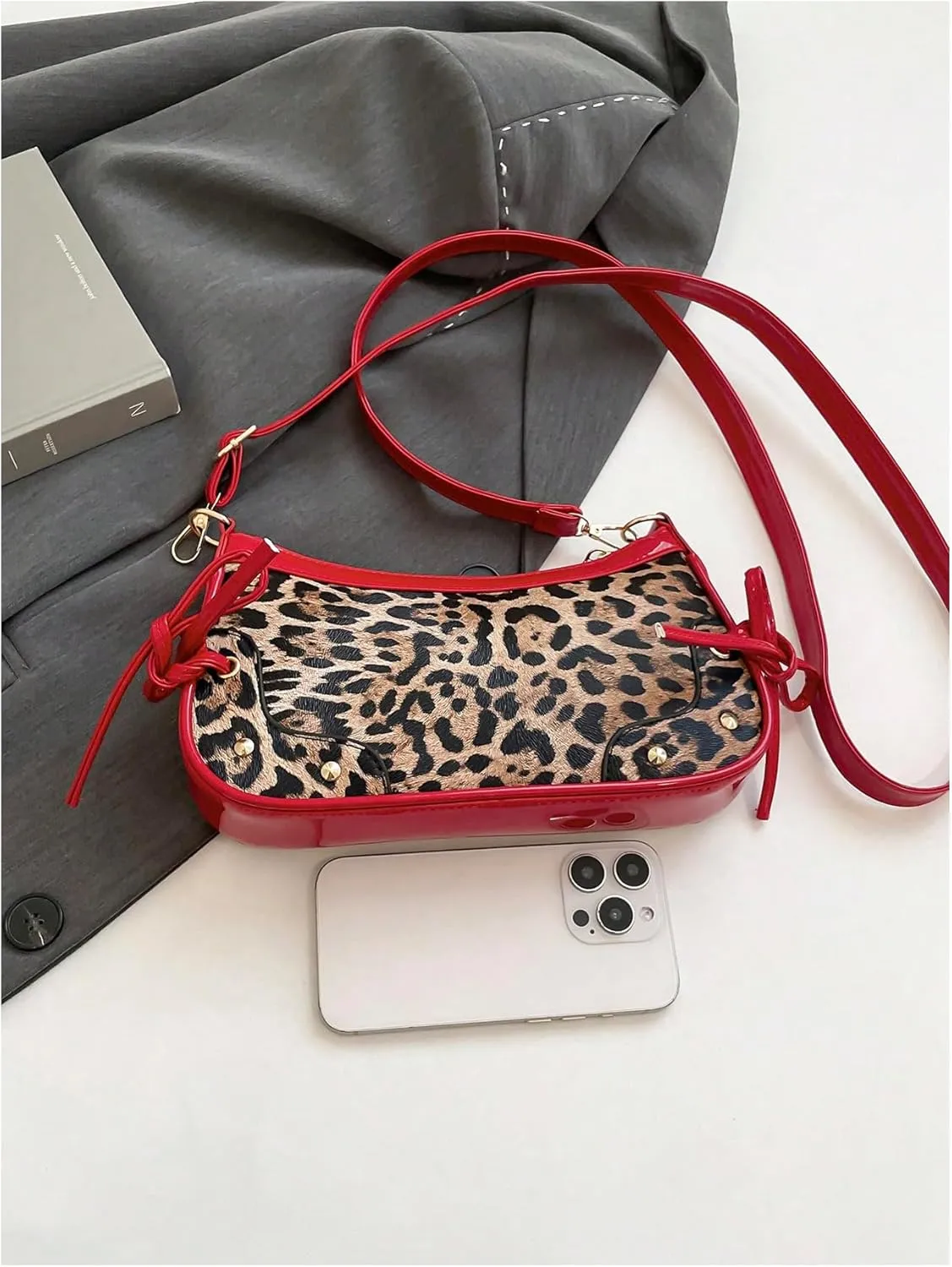 Women's Y2K Leopard Bowknot Crossbody Bags Studded Zipper Adjustable Strap Shoulder Handbags Purse