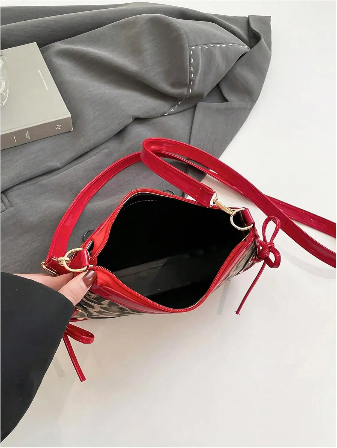 Women's Y2K Leopard Bowknot Crossbody Bags Studded Zipper Adjustable Strap Shoulder Handbags Purse