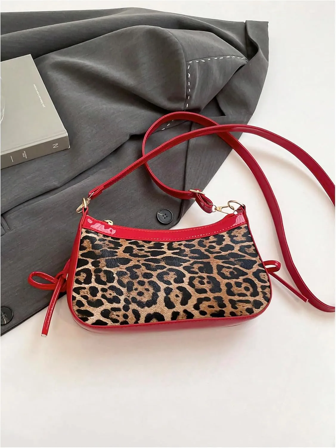 Women's Y2K Leopard Bowknot Crossbody Bags Studded Zipper Adjustable Strap Shoulder Handbags Purse
