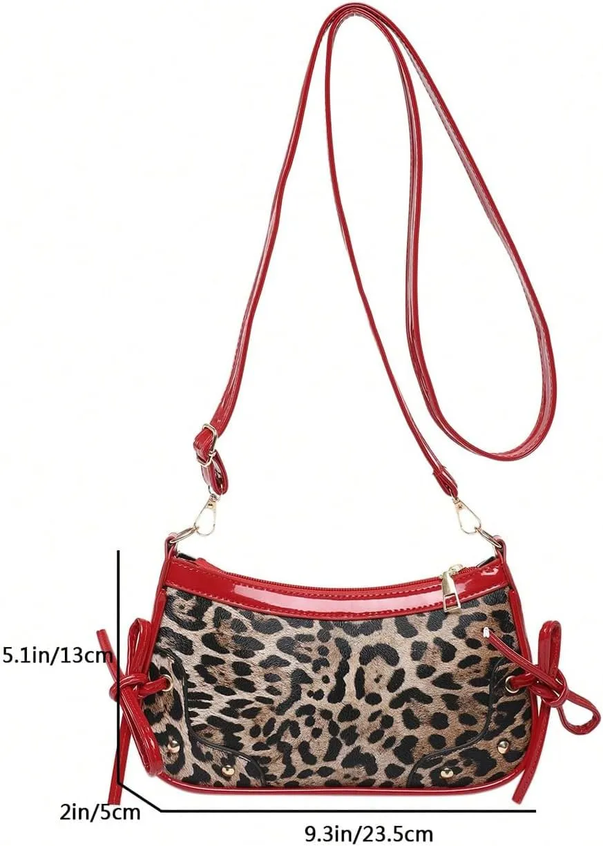 Women's Y2K Leopard Bowknot Crossbody Bags Studded Zipper Adjustable Strap Shoulder Handbags Purse