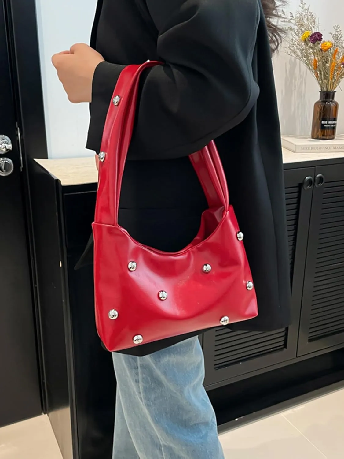 Women's Y2K Studded Leather Underarm Bags Top Handle Soft Retro Shoulder Bags Purse