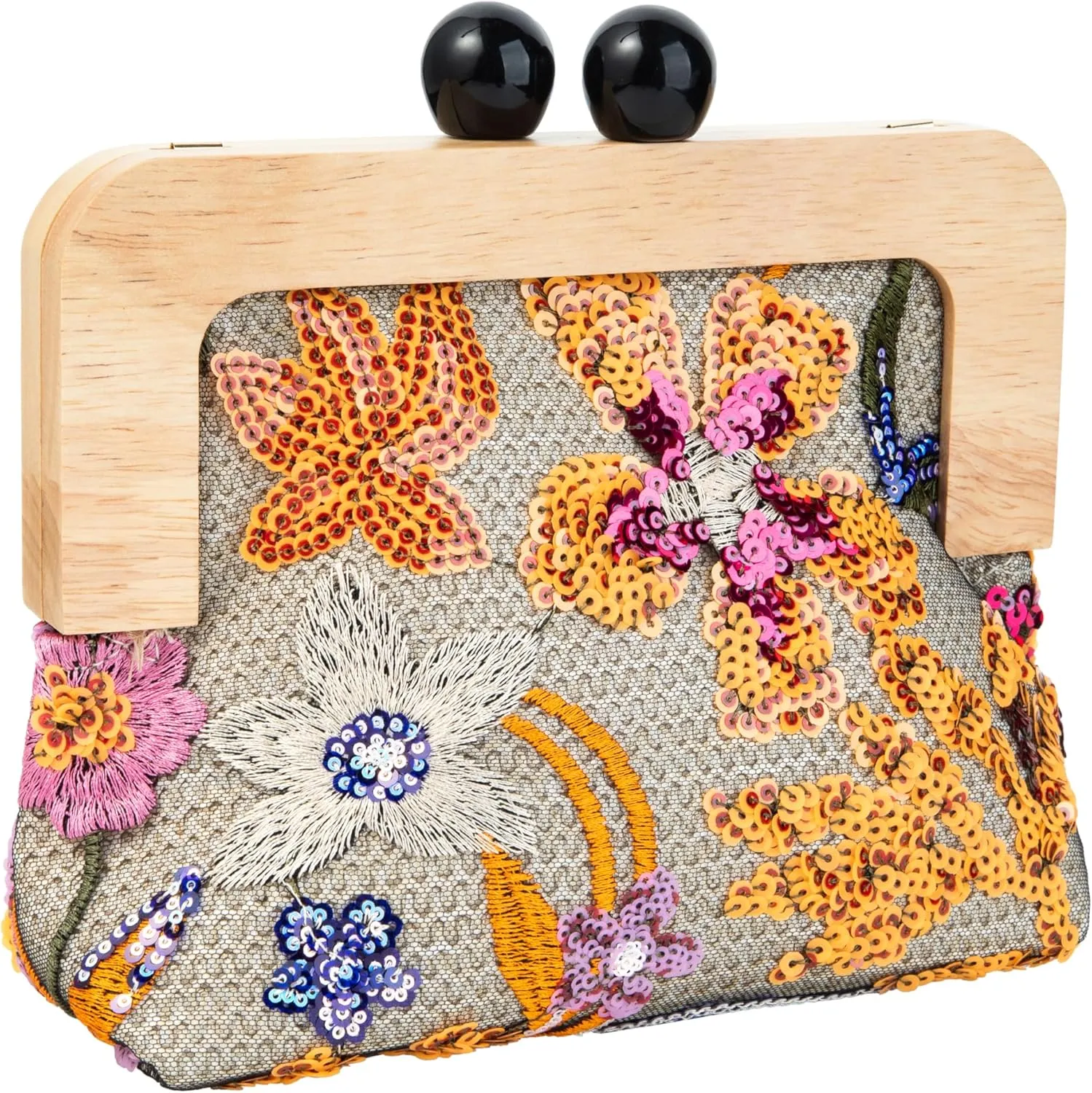Wooden Handle Sequin Embroidered Floral Handbag with Detachable Shoulder Strap Evening Purse for Wedding Party