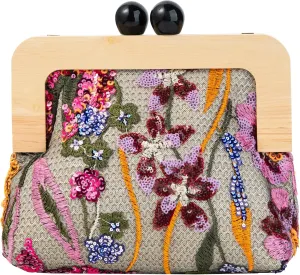 Wooden Handle Sequin Embroidered Floral Handbag with Detachable Shoulder Strap Evening Purse for Wedding Party