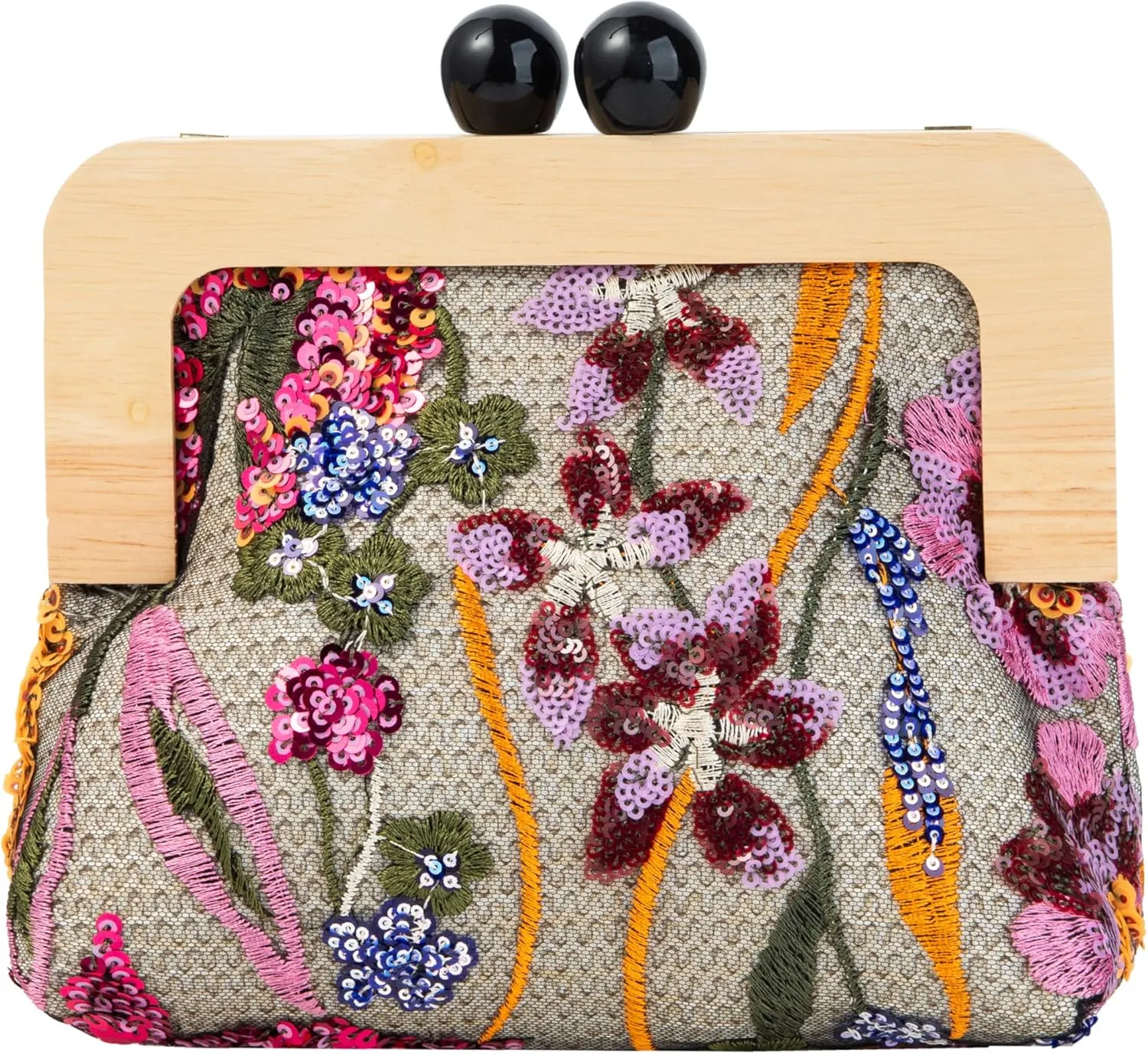 Wooden Handle Sequin Embroidered Floral Handbag with Detachable Shoulder Strap Evening Purse for Wedding Party