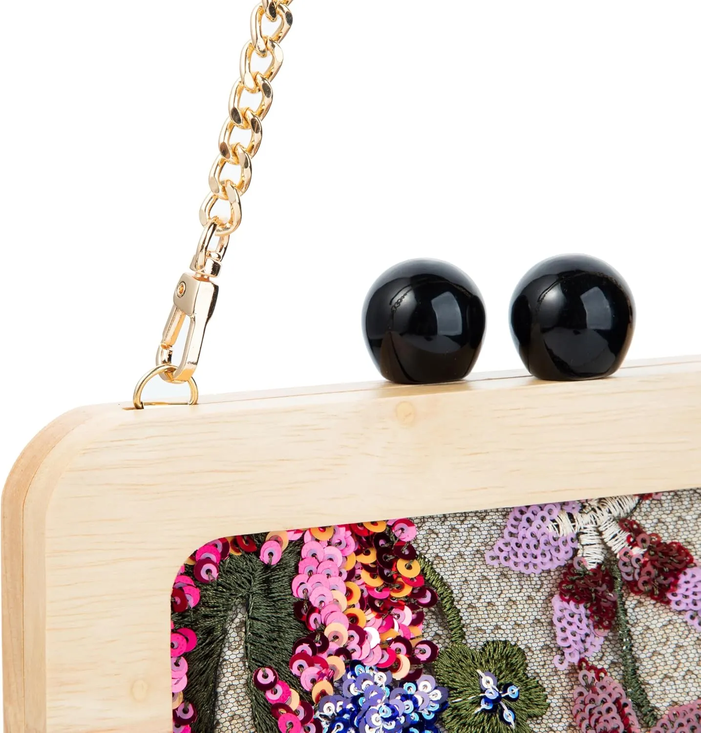 Wooden Handle Sequin Embroidered Floral Handbag with Detachable Shoulder Strap Evening Purse for Wedding Party