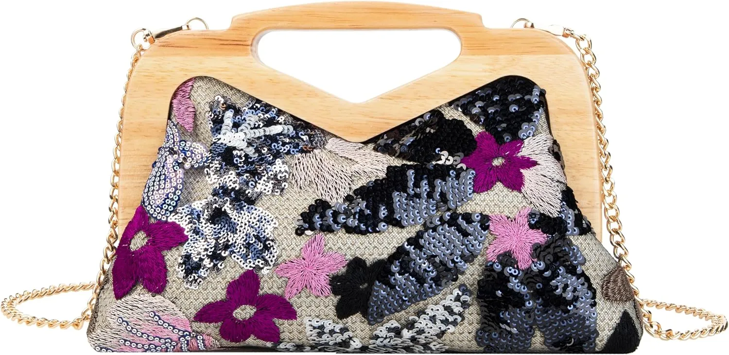 Wooden Handle Sequin Embroidered Floral Handbag with Detachable Strap Evening Bag for Wedding Party