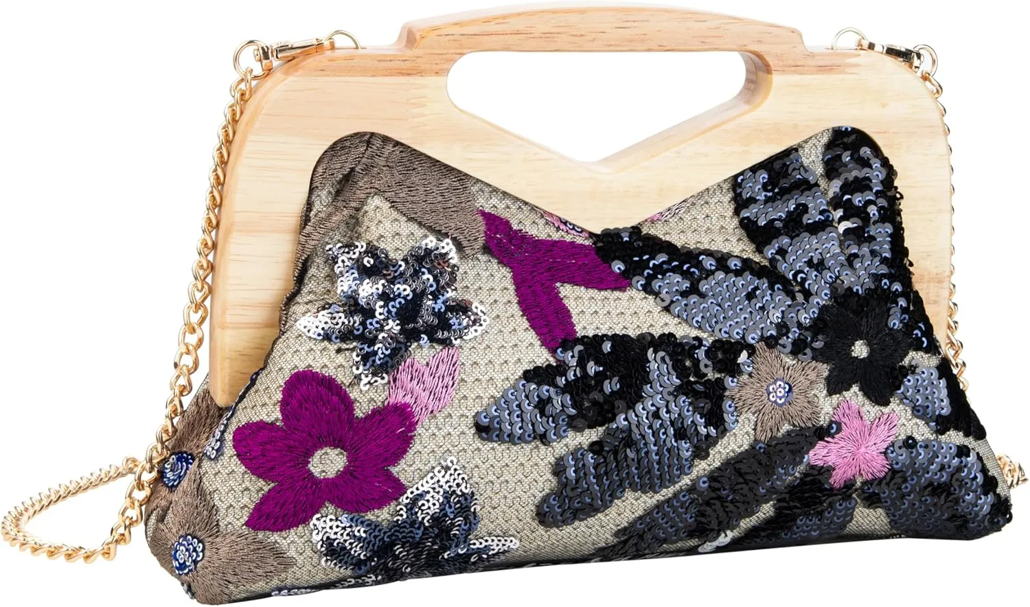 Wooden Handle Sequin Embroidered Floral Handbag with Detachable Strap Evening Bag for Wedding Party