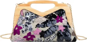 Wooden Handle Sequin Embroidered Floral Handbag with Detachable Strap Evening Bag for Wedding Party