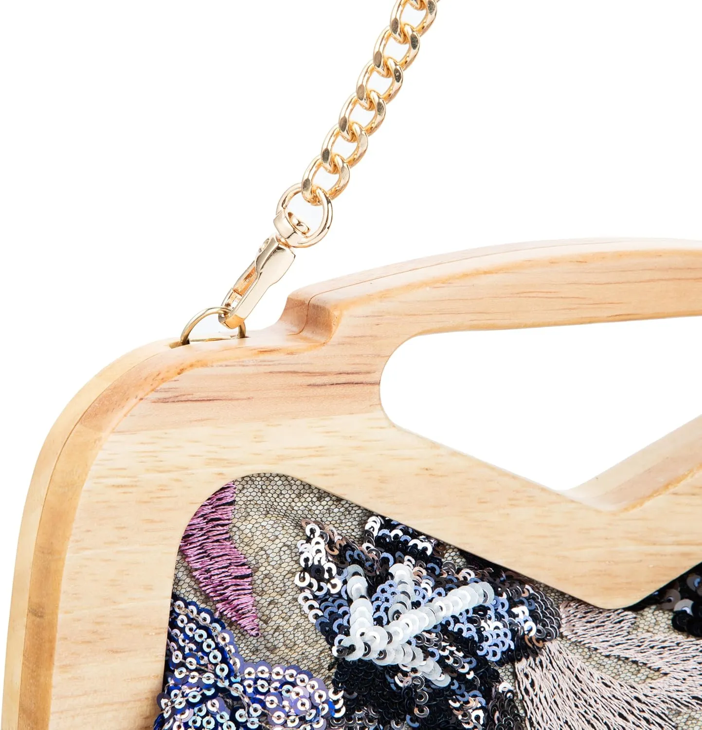 Wooden Handle Sequin Embroidered Floral Handbag with Detachable Strap Evening Bag for Wedding Party