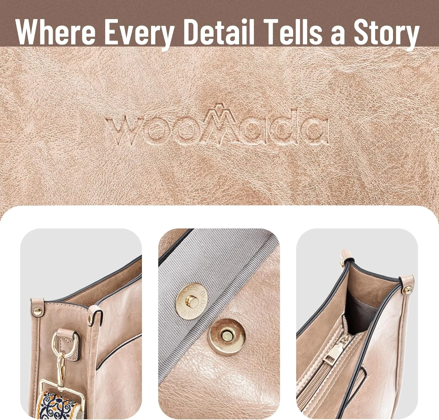 WOOMADA Hobo Handbag for Women Vegan Leather Crossbody Bags Trendy Shoulder Bag with 2 Adjustable Strap