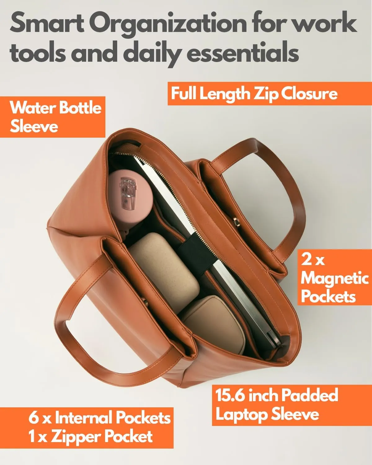 Work Tote Bags for Women 15.6 Inch - Laptop Tote Bag with Zip Compartments - Large PU Leather Office Purse Computer Briefcase