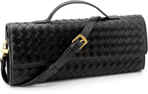 Woven Clutch Purse Ladies Top Handle Handbag Leather Crossbody Shoulder Bag with Detachable Strap