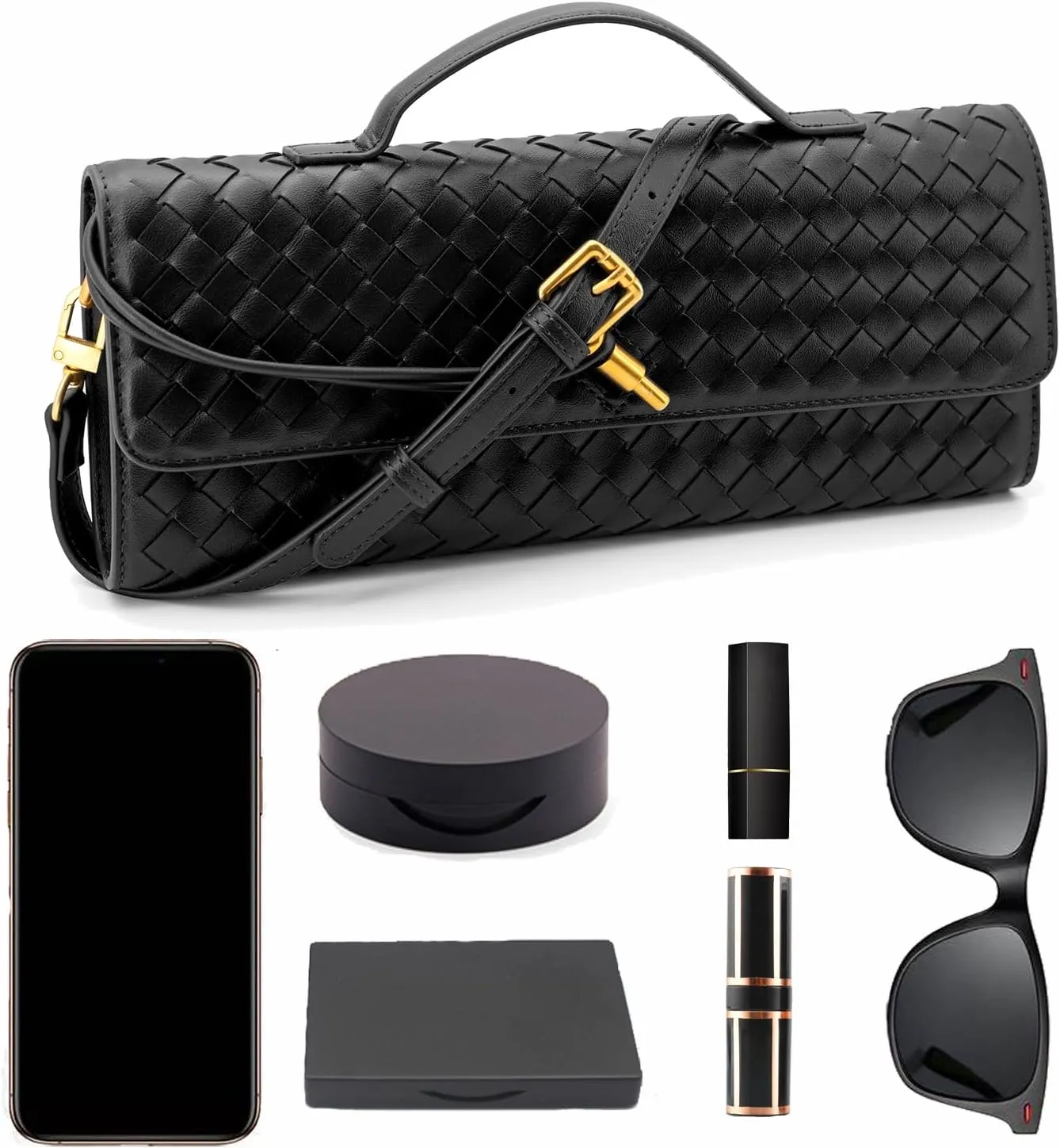 Woven Clutch Purse Ladies Top Handle Handbag Leather Crossbody Shoulder Bag with Detachable Strap