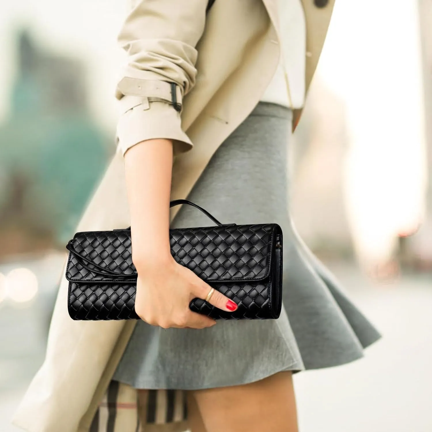 Woven Clutch Purse Ladies Top Handle Handbag Leather Crossbody Shoulder Bag with Detachable Strap