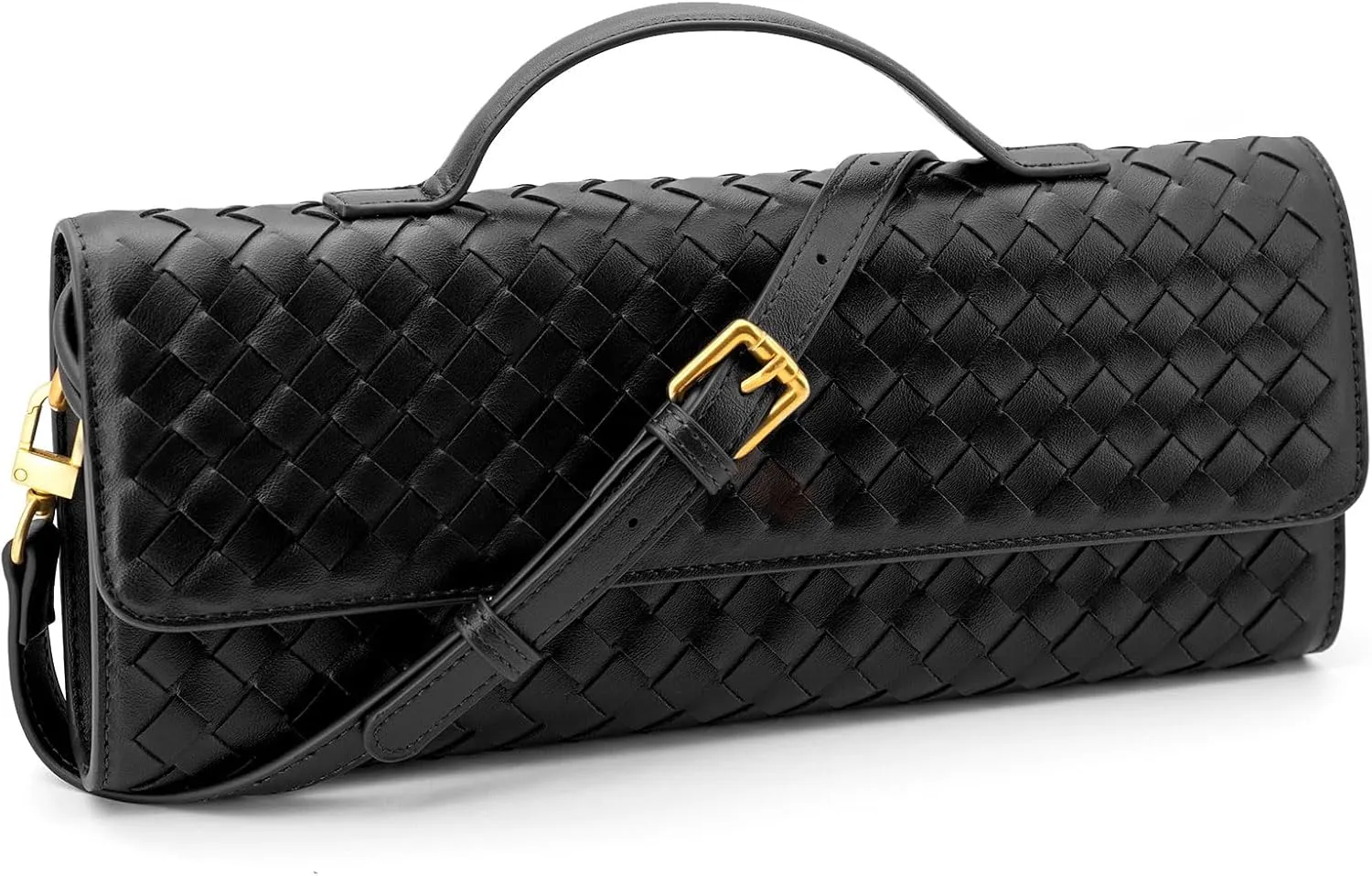 Woven Clutch Purse Ladies Top Handle Handbag Leather Crossbody Shoulder Bag with Detachable Strap