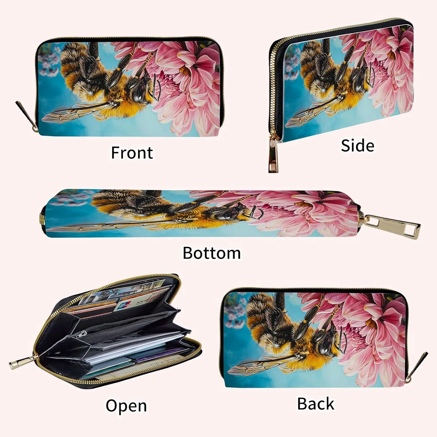 Wristlet Wallets for Women Slim Cute with RFID Blocking,PU Leather Clutch Credit Card Holder Wallets Purse for Women Ladies,Bee Pink Floral