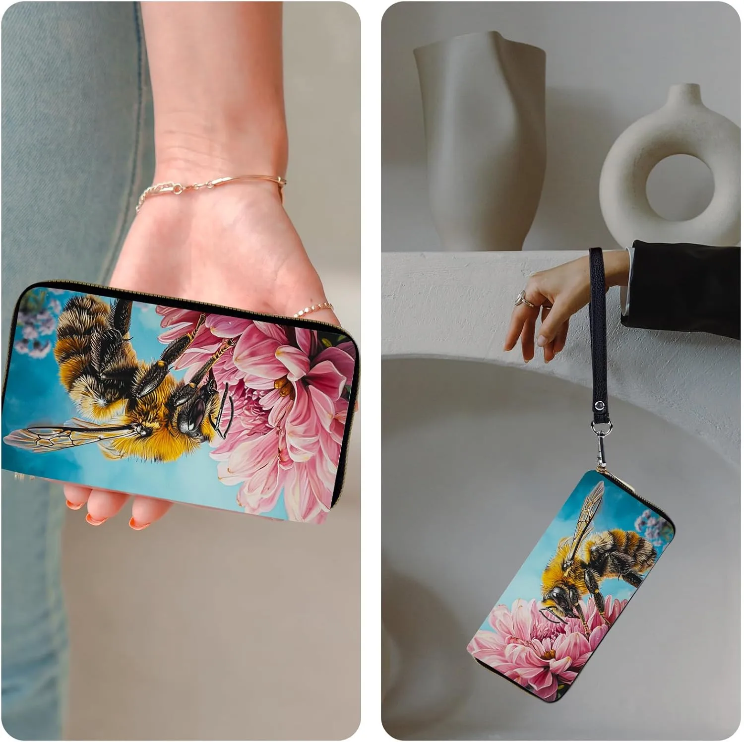 Wristlet Wallets for Women Slim Cute with RFID Blocking,PU Leather Clutch Credit Card Holder Wallets Purse for Women Ladies,Bee Pink Floral