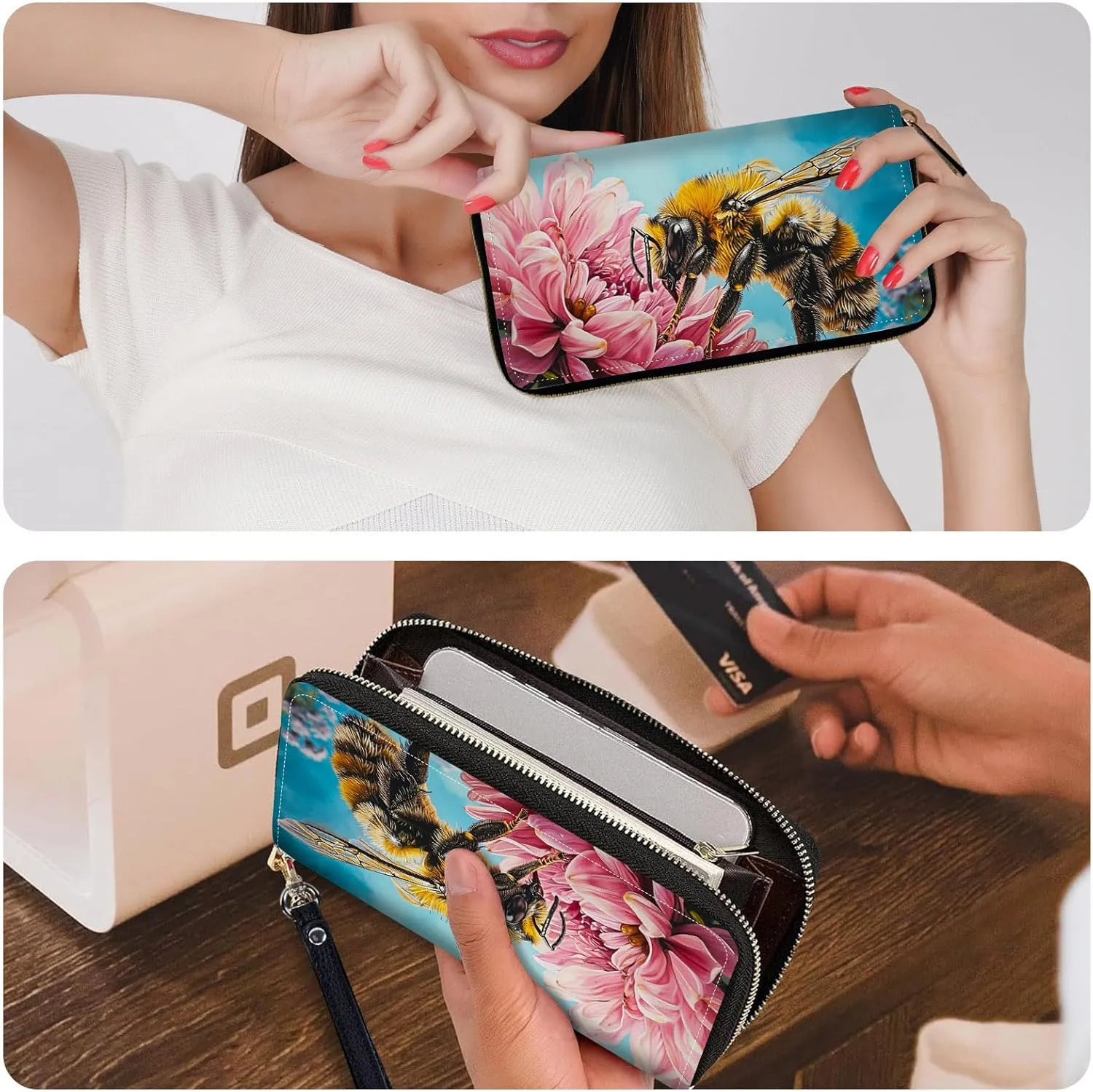 Wristlet Wallets for Women Slim Cute with RFID Blocking,PU Leather Clutch Credit Card Holder Wallets Purse for Women Ladies,Bee Pink Floral