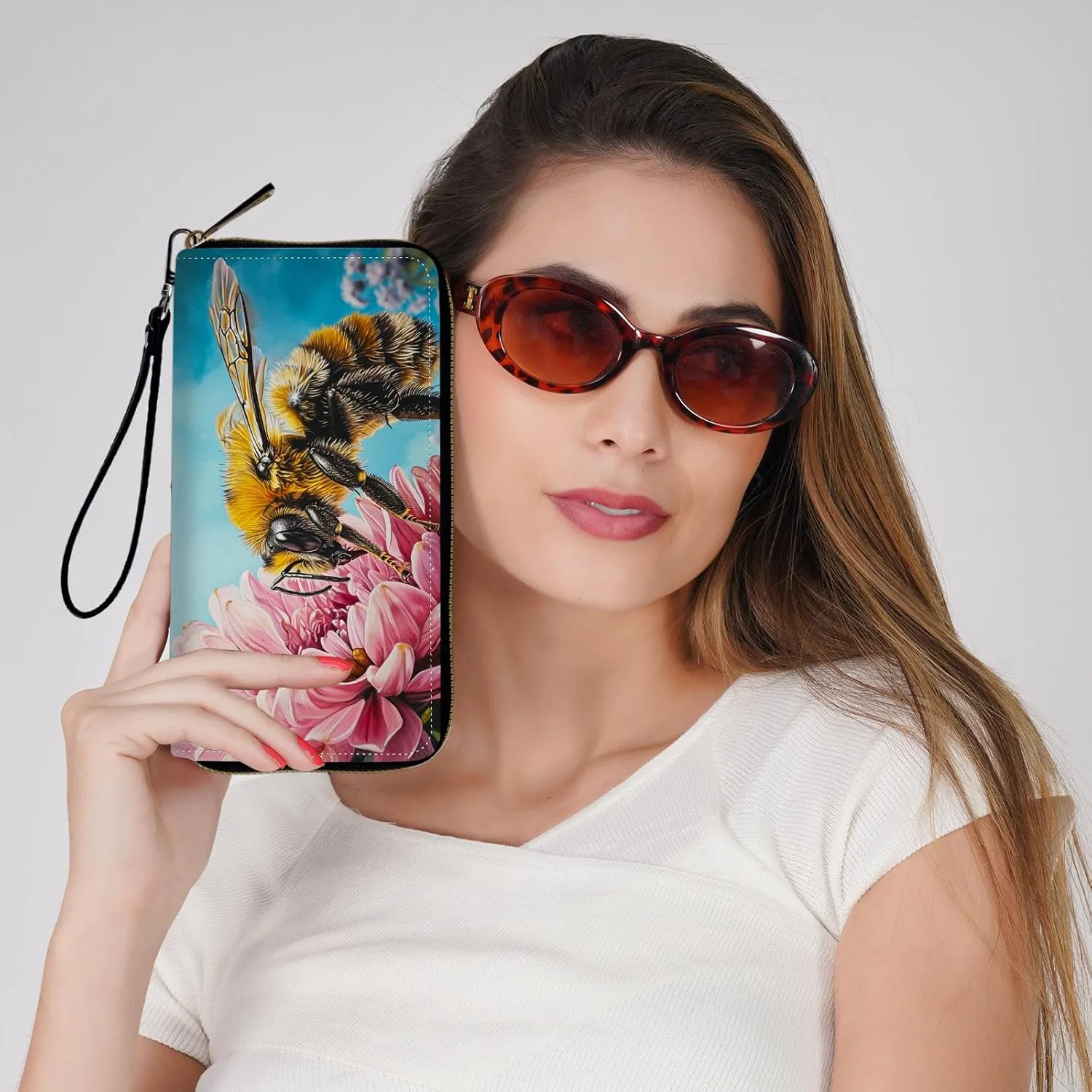 Wristlet Wallets for Women Slim Cute with RFID Blocking,PU Leather Clutch Credit Card Holder Wallets Purse for Women Ladies,Bee Pink Floral