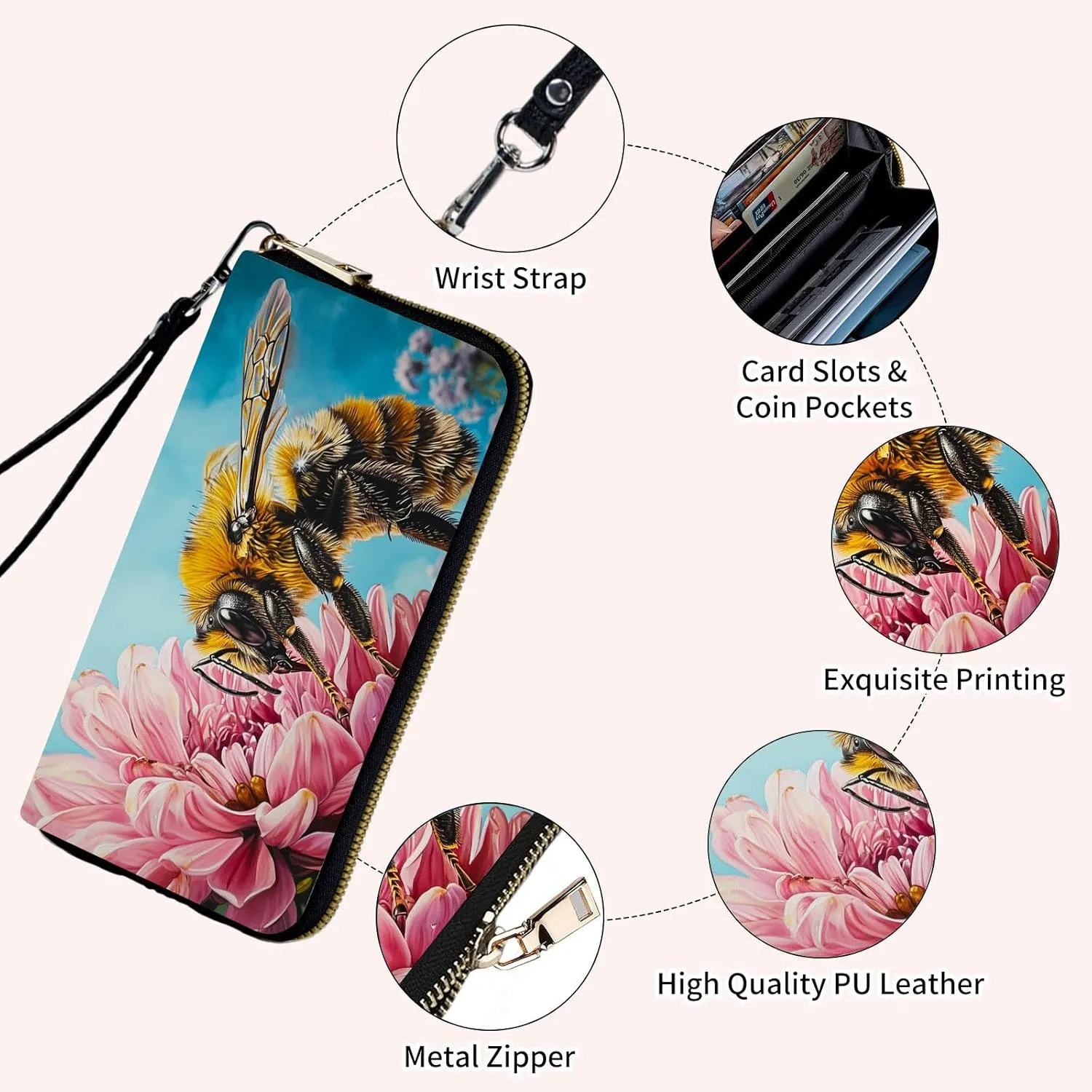 Wristlet Wallets for Women Slim Cute with RFID Blocking,PU Leather Clutch Credit Card Holder Wallets Purse for Women Ladies,Bee Pink Floral