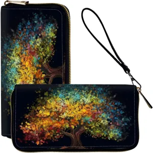 Wristlet Wallets for Women - Slim Cute Zipper Wallets with RFID Blocking, PU Leather Clutch Credit Card Holder Purse, Ladies Golden Blue Tree