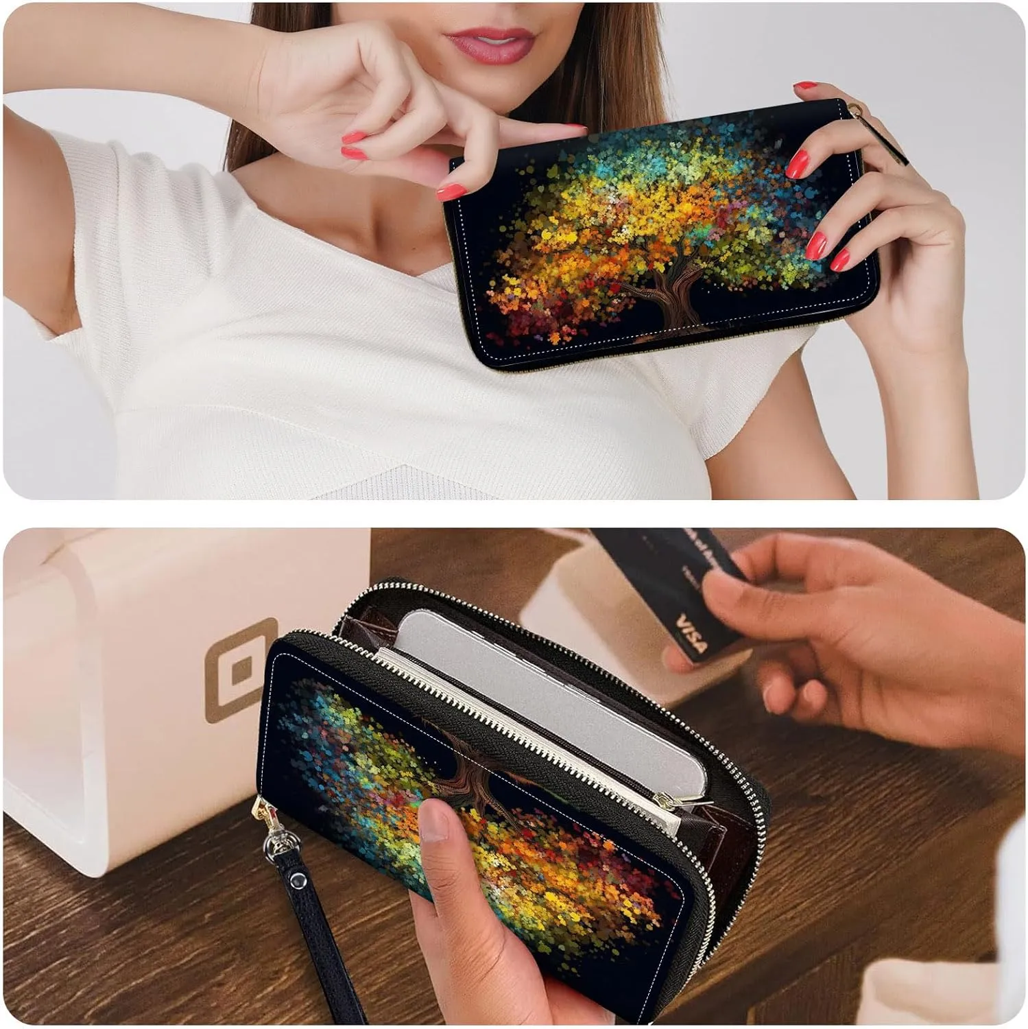 Wristlet Wallets for Women - Slim Cute Zipper Wallets with RFID Blocking, PU Leather Clutch Credit Card Holder Purse, Ladies Golden Blue Tree