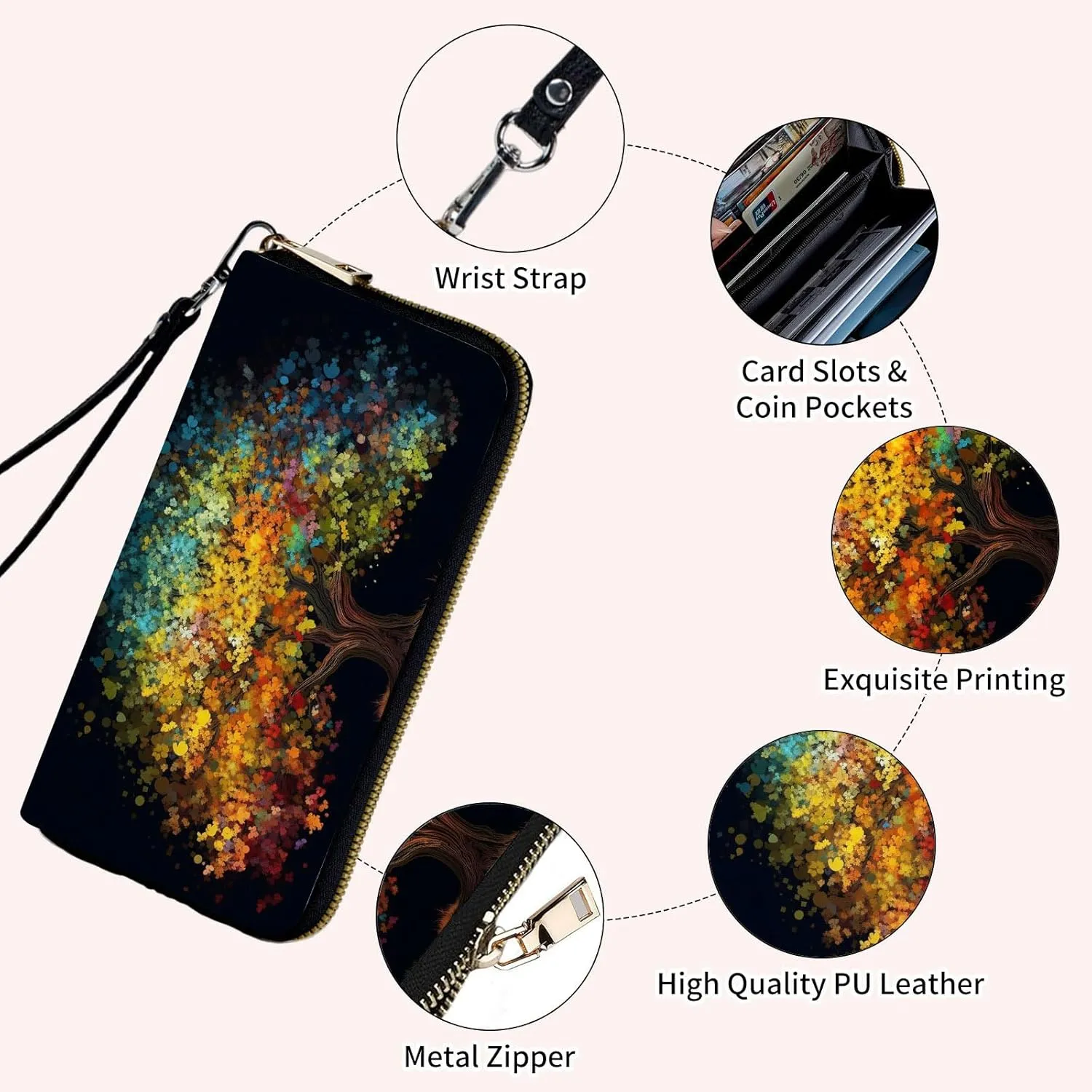Wristlet Wallets for Women - Slim Cute Zipper Wallets with RFID Blocking, PU Leather Clutch Credit Card Holder Purse, Ladies Golden Blue Tree