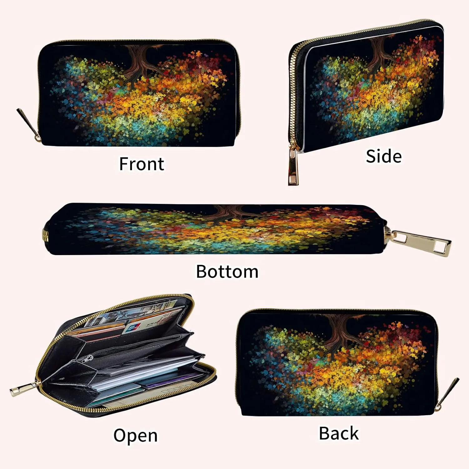 Wristlet Wallets for Women - Slim Cute Zipper Wallets with RFID Blocking, PU Leather Clutch Credit Card Holder Purse, Ladies Golden Blue Tree