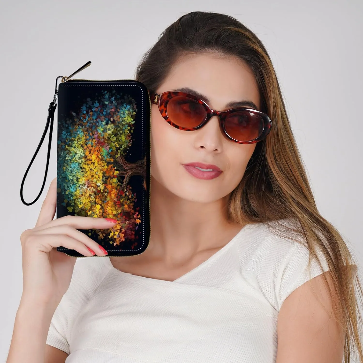 Wristlet Wallets for Women - Slim Cute Zipper Wallets with RFID Blocking, PU Leather Clutch Credit Card Holder Purse, Ladies Golden Blue Tree