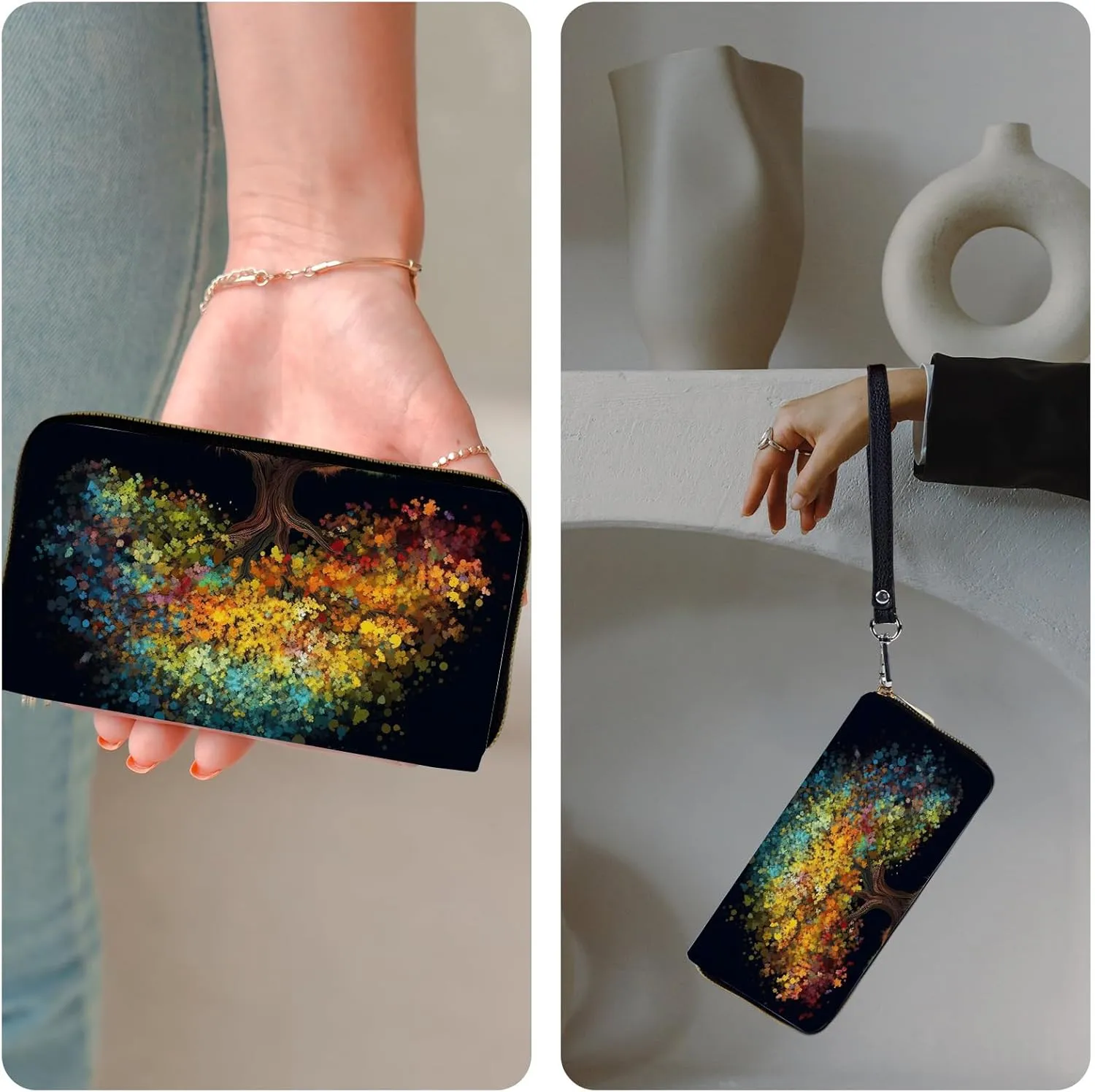Wristlet Wallets for Women - Slim Cute Zipper Wallets with RFID Blocking, PU Leather Clutch Credit Card Holder Purse, Ladies Golden Blue Tree