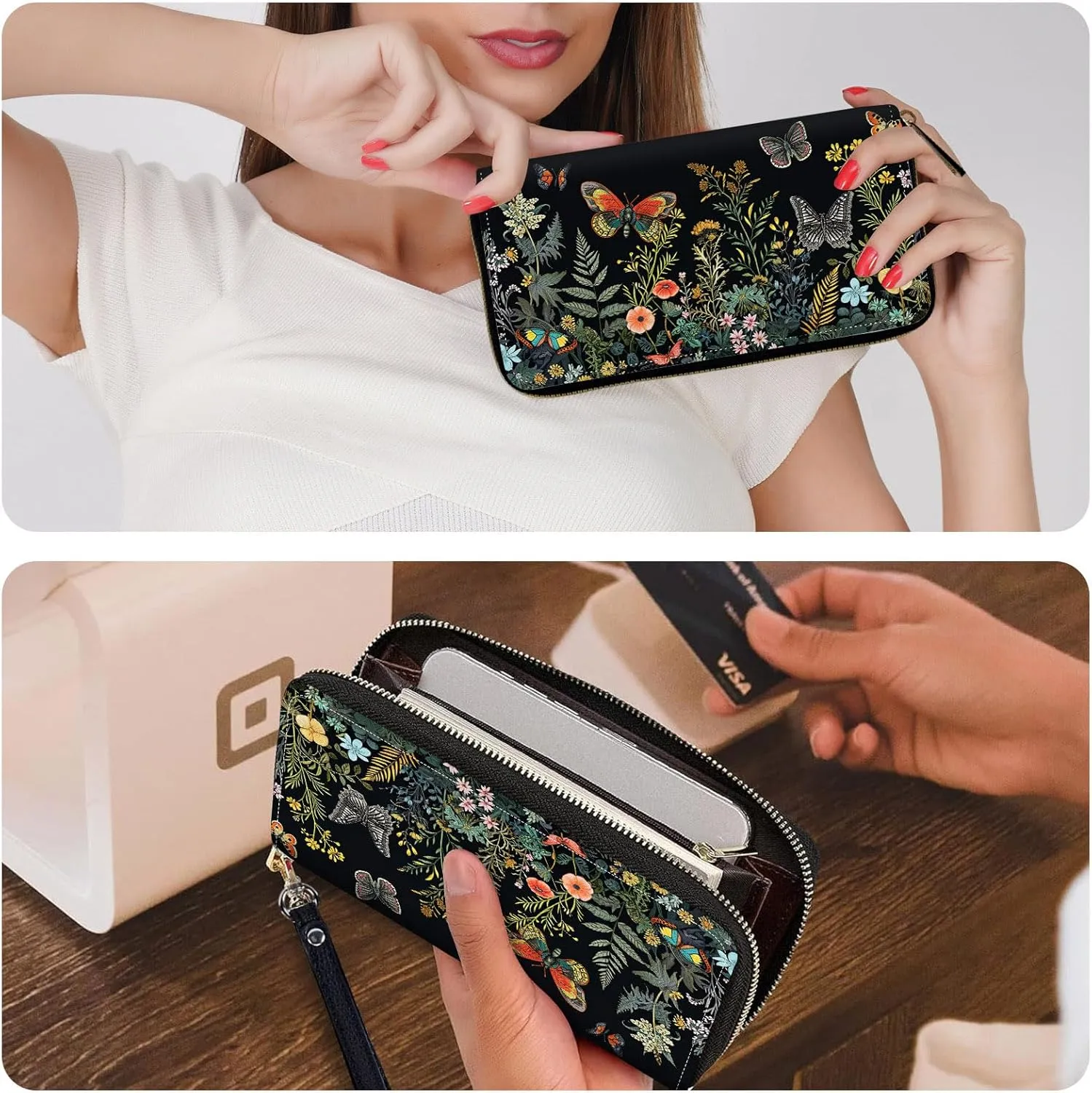 Wristlet Wallets for Women Slim Cute Zipper with RFID Blocking,PU Leather Clutch Credit Card Holder Wallets Purse for Women Ladies,Butterfly Floral