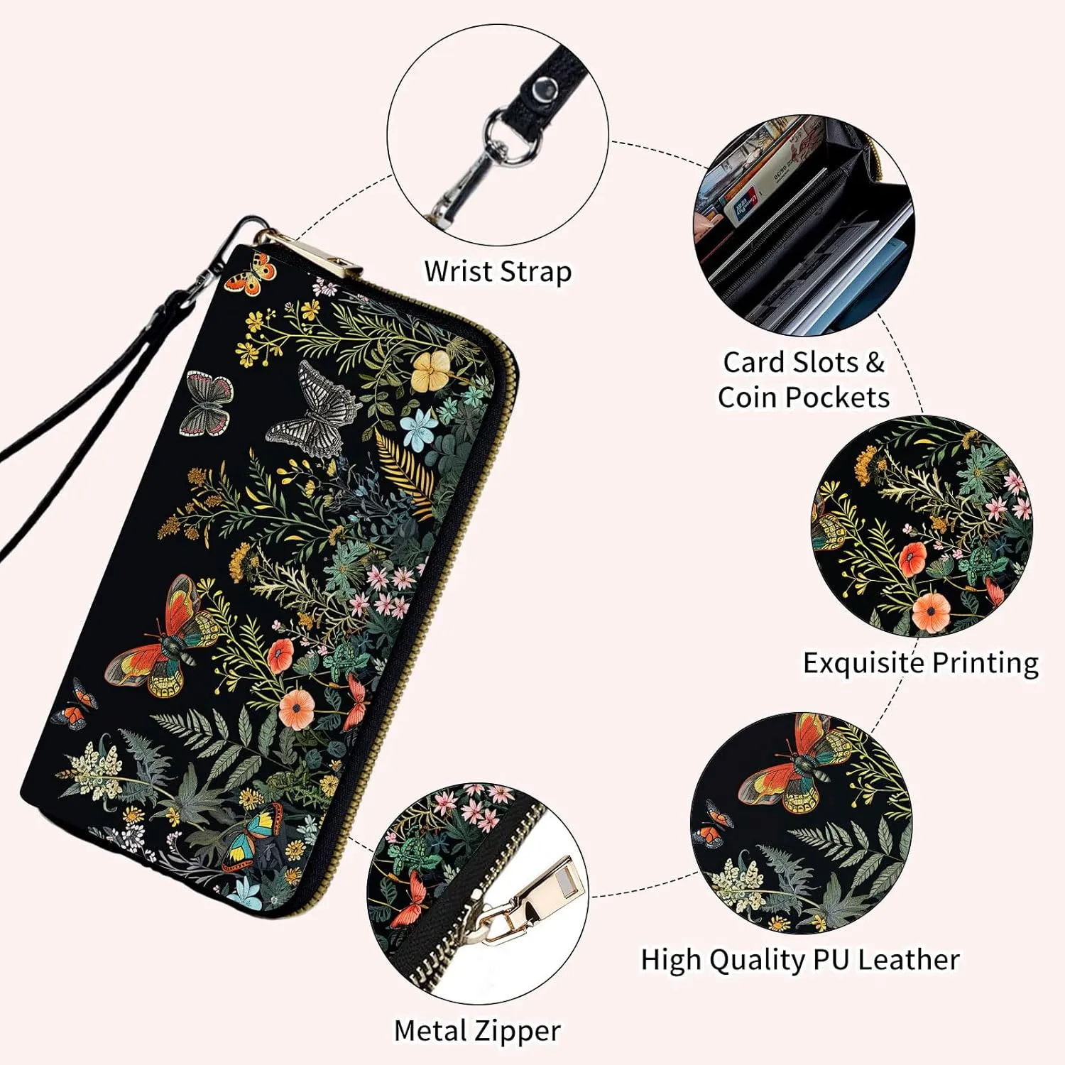 Wristlet Wallets for Women Slim Cute Zipper with RFID Blocking,PU Leather Clutch Credit Card Holder Wallets Purse for Women Ladies,Butterfly Floral