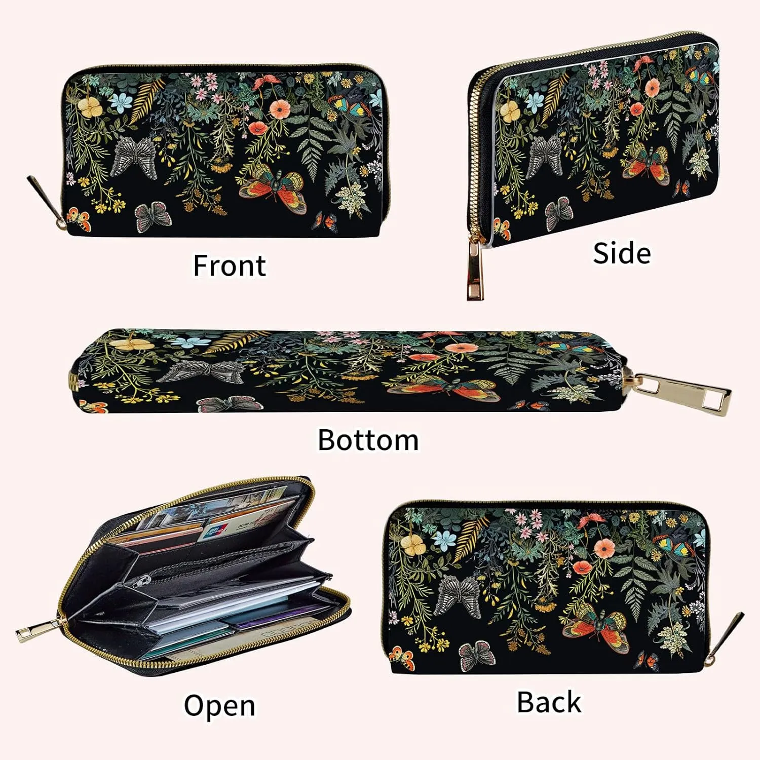 Wristlet Wallets for Women Slim Cute Zipper with RFID Blocking,PU Leather Clutch Credit Card Holder Wallets Purse for Women Ladies,Butterfly Floral
