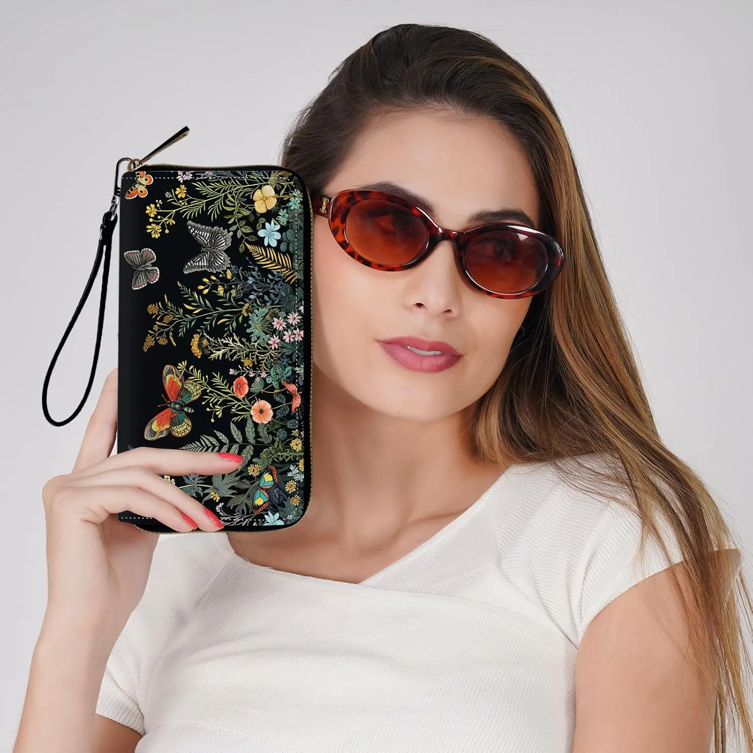 Wristlet Wallets for Women Slim Cute Zipper with RFID Blocking,PU Leather Clutch Credit Card Holder Wallets Purse for Women Ladies,Butterfly Floral
