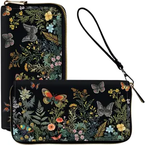Wristlet Wallets for Women Slim Cute Zipper with RFID Blocking,PU Leather Clutch Credit Card Holder Wallets Purse for Women Ladies,Butterfly Floral