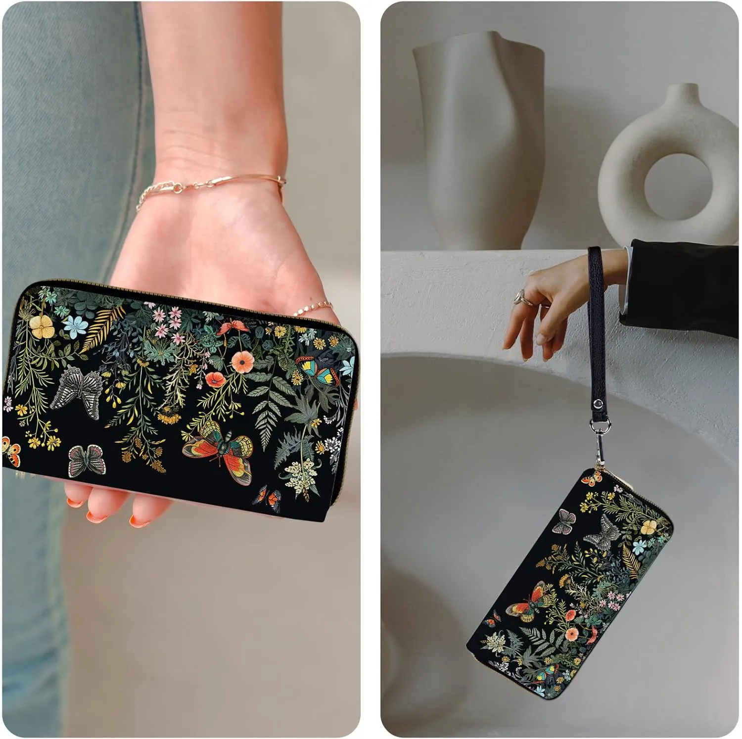 Wristlet Wallets for Women Slim Cute Zipper with RFID Blocking,PU Leather Clutch Credit Card Holder Wallets Purse for Women Ladies,Butterfly Floral