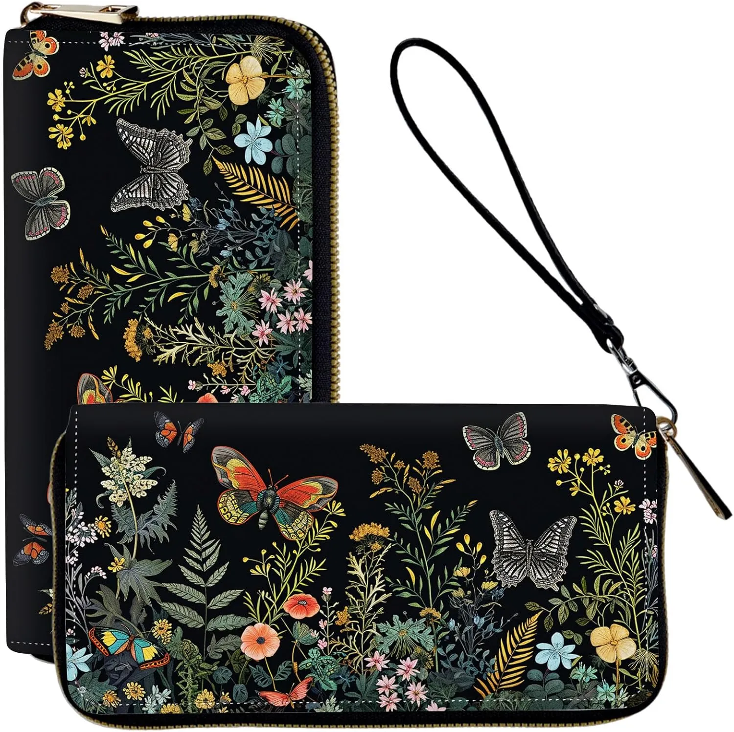 Wristlet Wallets for Women Slim Cute Zipper with RFID Blocking,PU Leather Clutch Credit Card Holder Wallets Purse for Women Ladies,Butterfly Floral