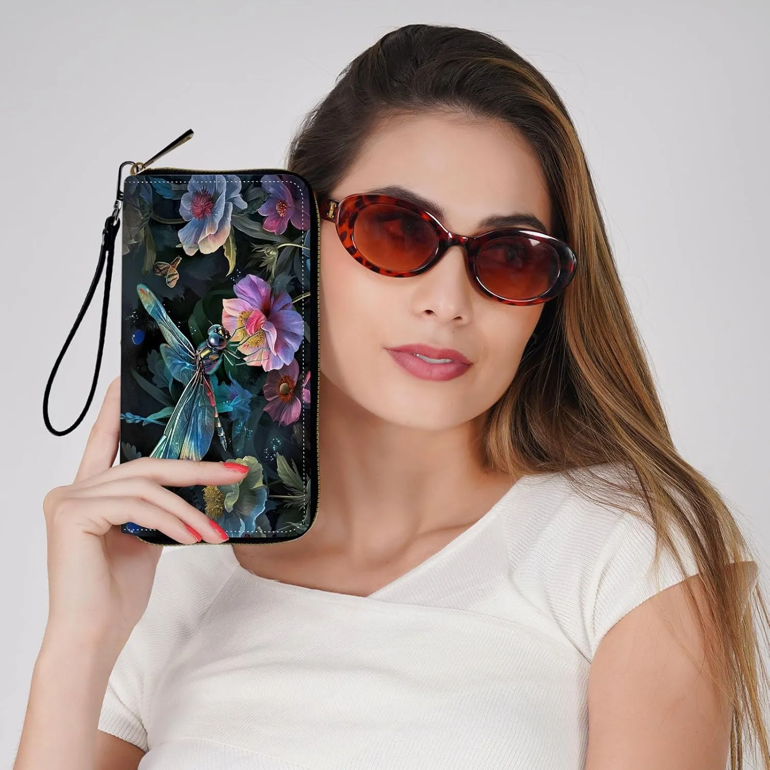 Wristlet Wallets Slim Cute Zipper Wallet,PU Leather RFID Blocking Credit Card Holder,Art Cute Dragonfly
