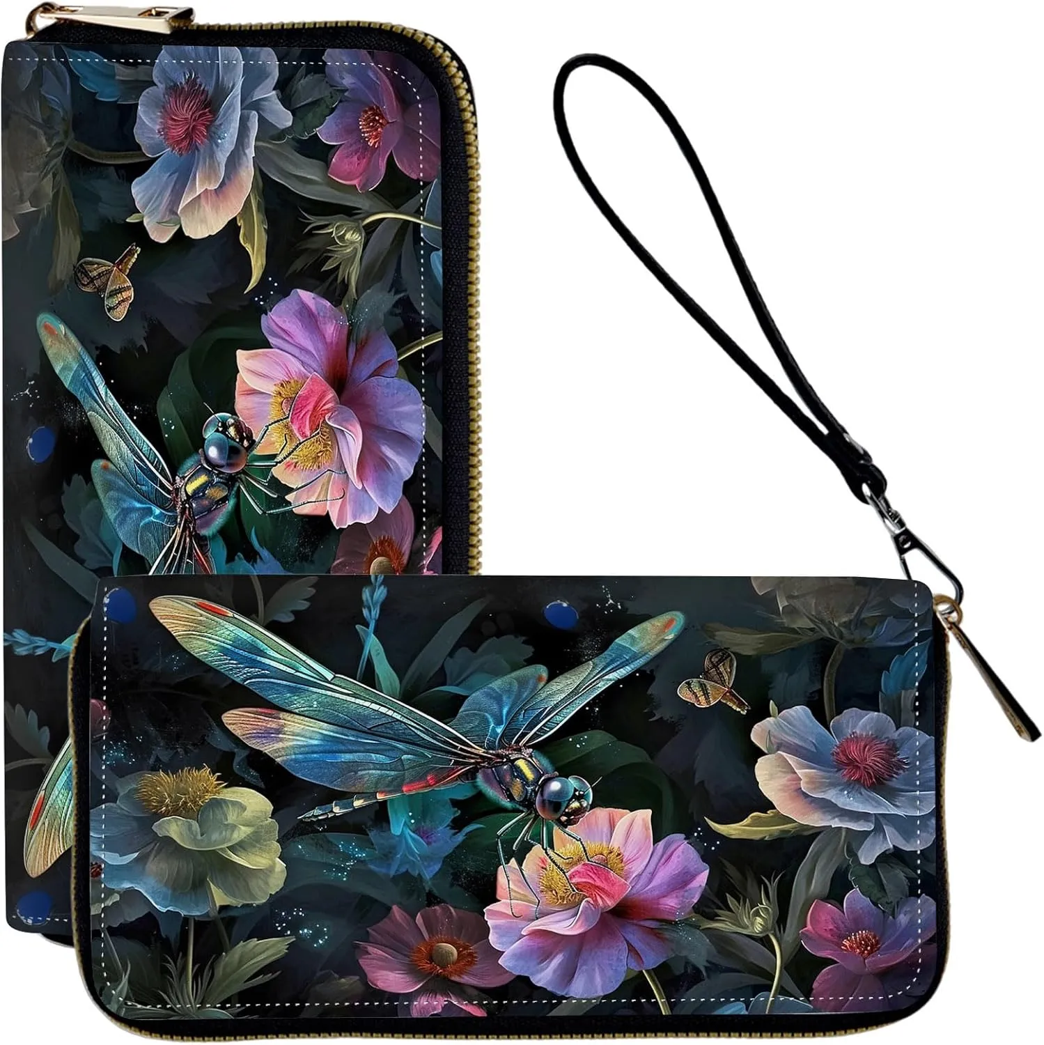 Wristlet Wallets Slim Cute Zipper Wallet,PU Leather RFID Blocking Credit Card Holder,Art Cute Dragonfly