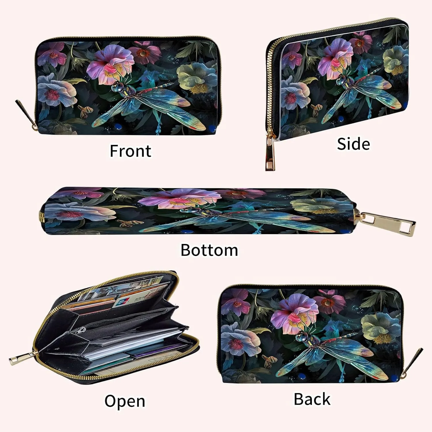 Wristlet Wallets Slim Cute Zipper Wallet,PU Leather RFID Blocking Credit Card Holder,Art Cute Dragonfly