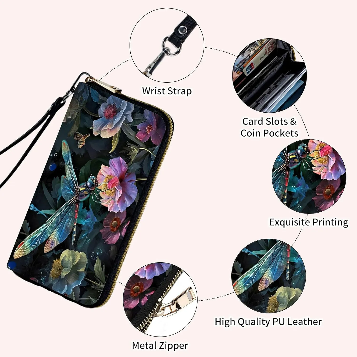 Wristlet Wallets Slim Cute Zipper Wallet,PU Leather RFID Blocking Credit Card Holder,Art Cute Dragonfly