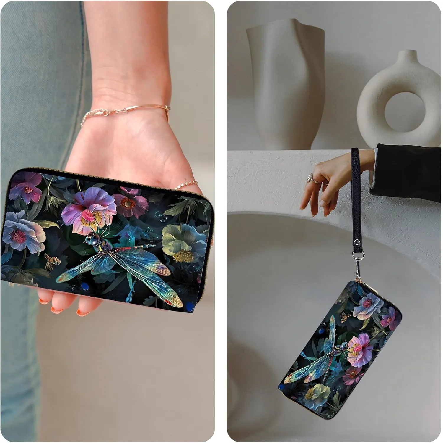 Wristlet Wallets Slim Cute Zipper Wallet,PU Leather RFID Blocking Credit Card Holder,Art Cute Dragonfly